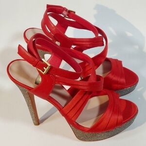 Guess by Marciano red satin platform sandals, 36.5/6.5, EUC unworn